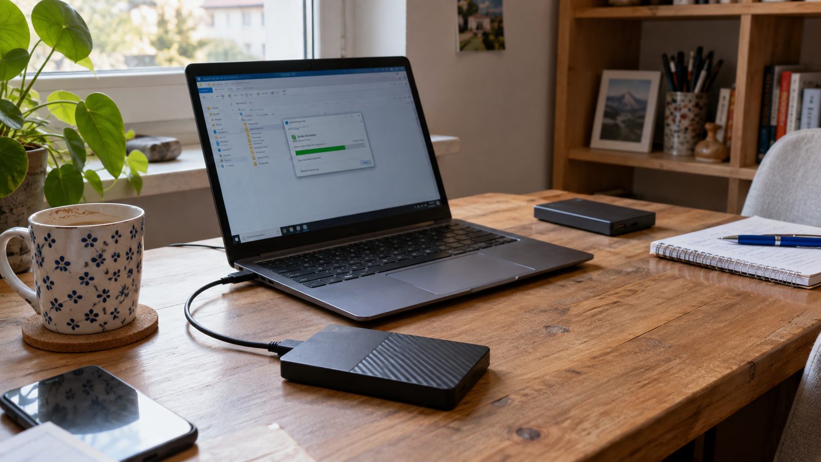 Externe Backup-Festplatte am Laptop mit laufendem Sicherungsfortschritt
