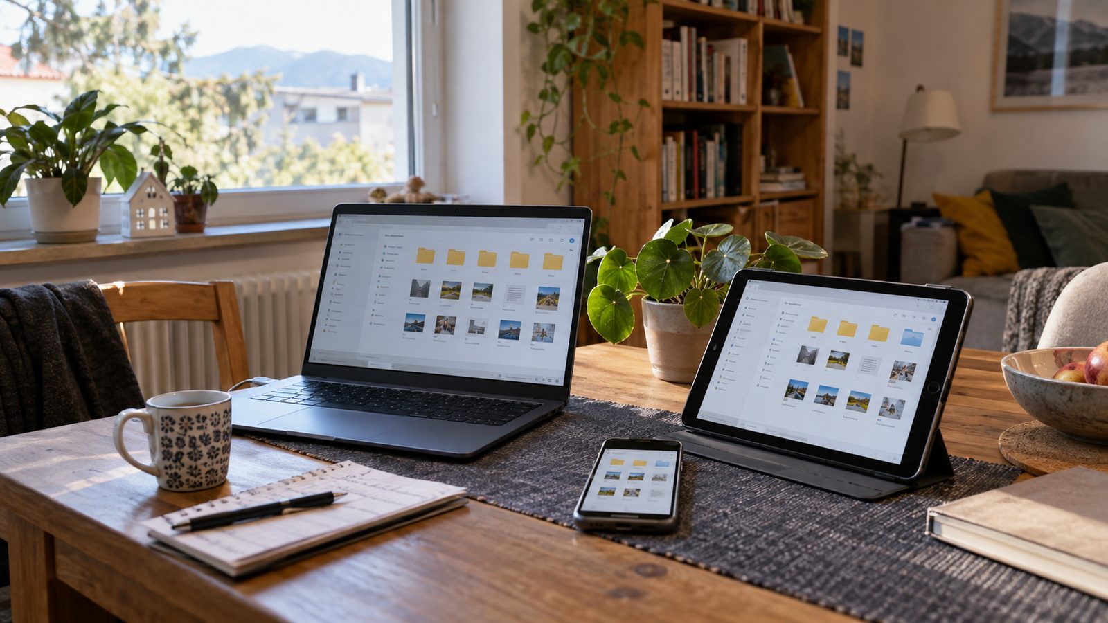 Laptop, Tablet und Handy zeigen synchronisierte Ordner für den Cloud-Zugriff