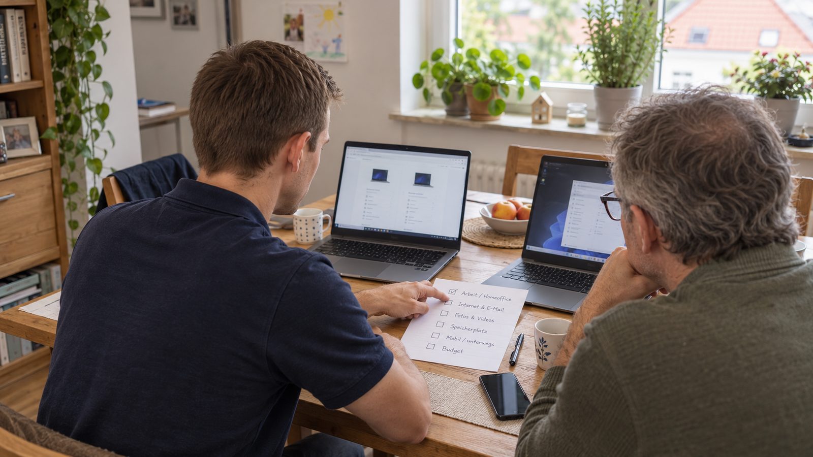 Stefan vergleicht mit einem Kunden zwei Laptops anhand einer Checkliste