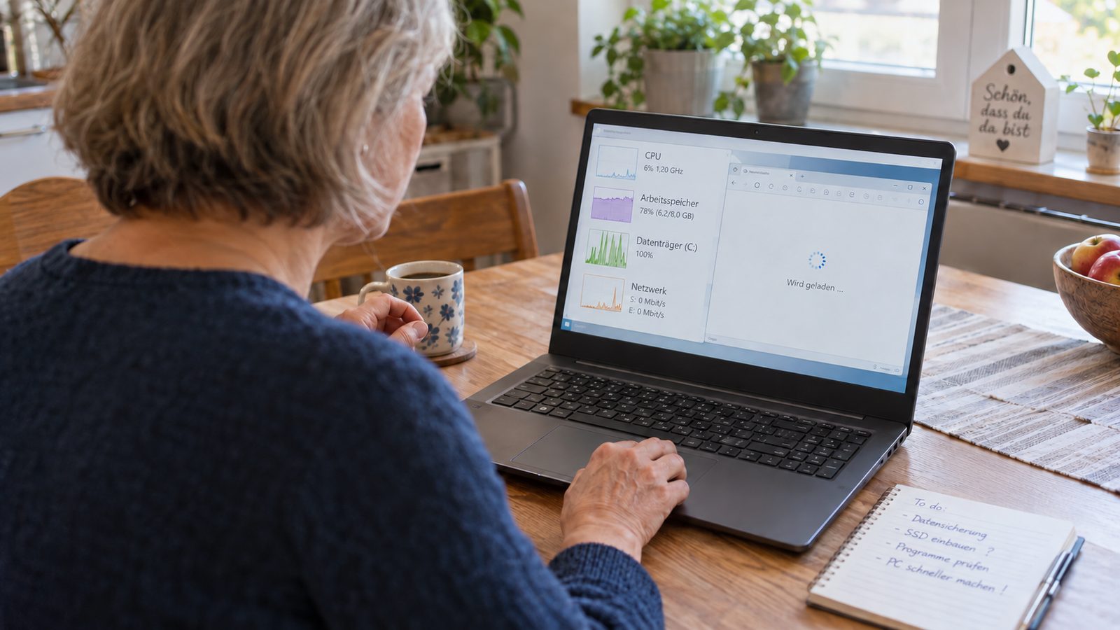 Laptop mit Systemleistungsanzeige für Arbeitsspeicher und Datenträger
