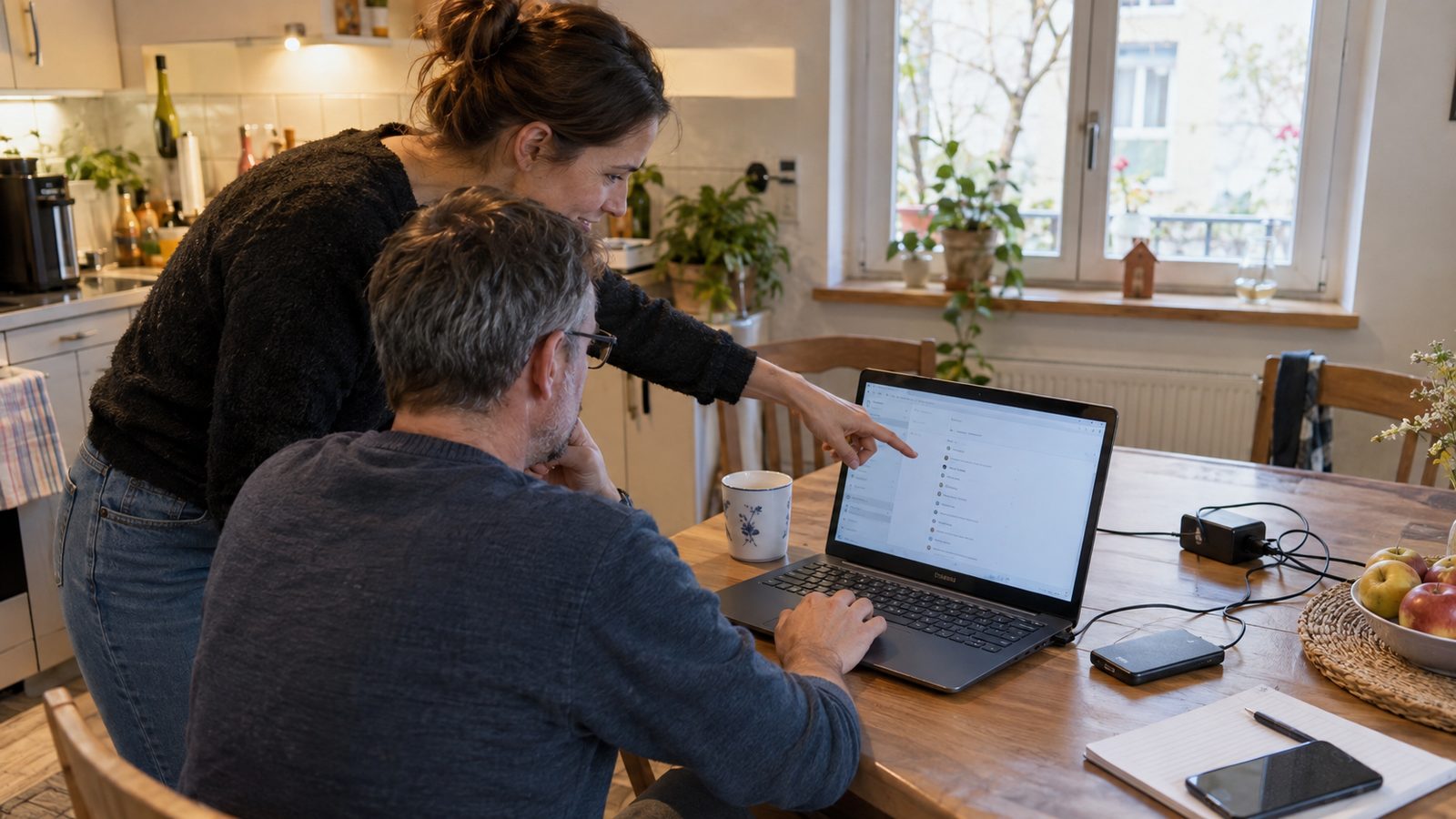 Computer-Freund.at Mitarbeiterin hilft am Küchentisch bei einem Laptop-Problem