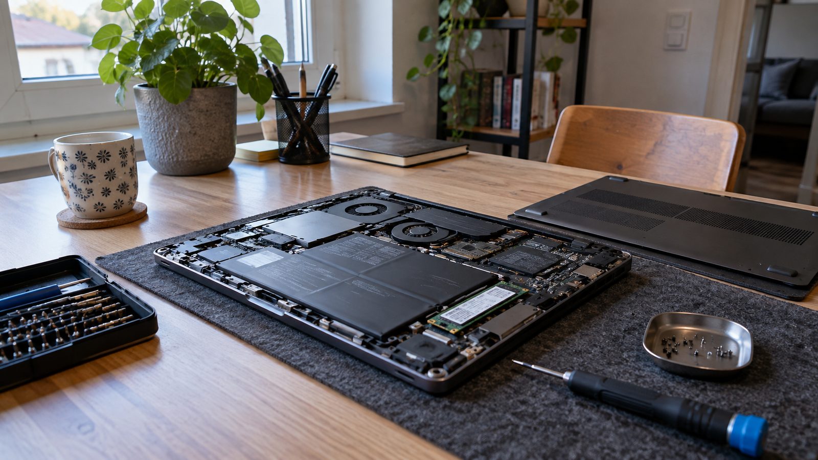 Geöffneter Laptop mit sichtbarem Akku und SSD auf einer Antistatikmatte