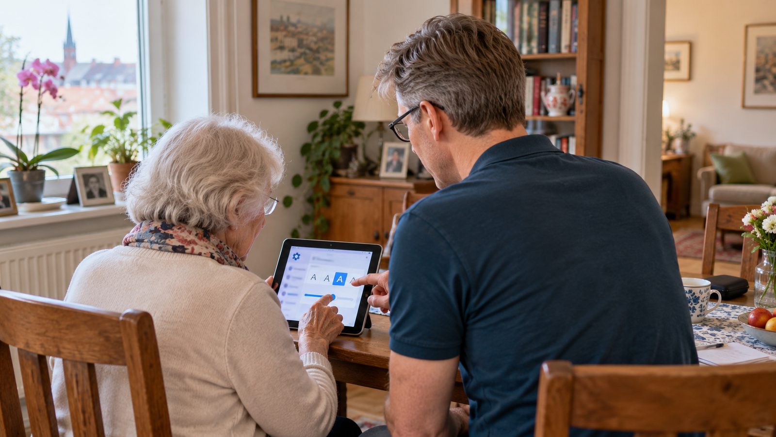 Etienne hilft einer Seniorin geduldig, die Tablet-Anzeige zu vergrößern