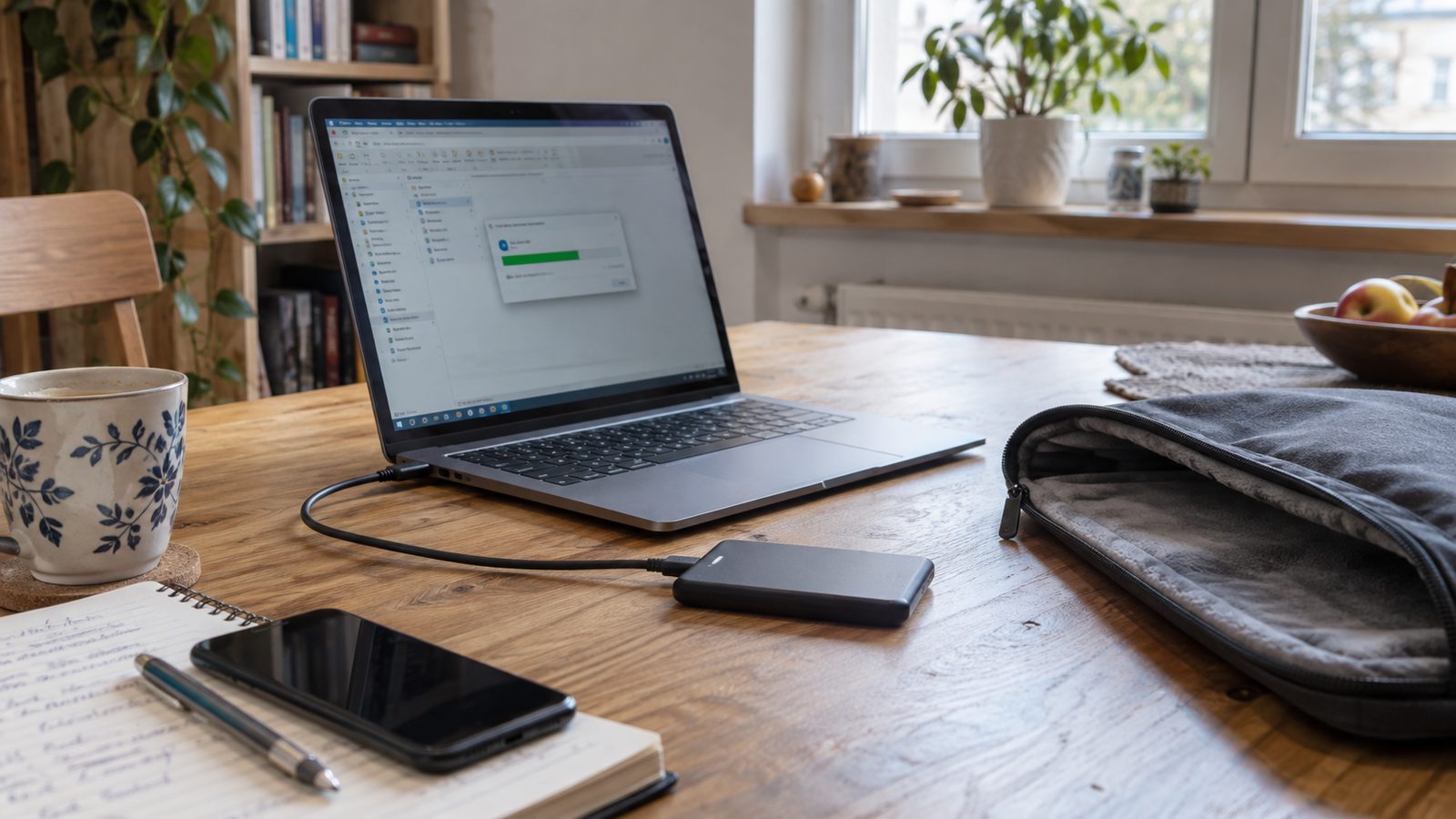 Externe SSD an einem Laptop mit laufendem Kopiervorgang vor der Reparatur