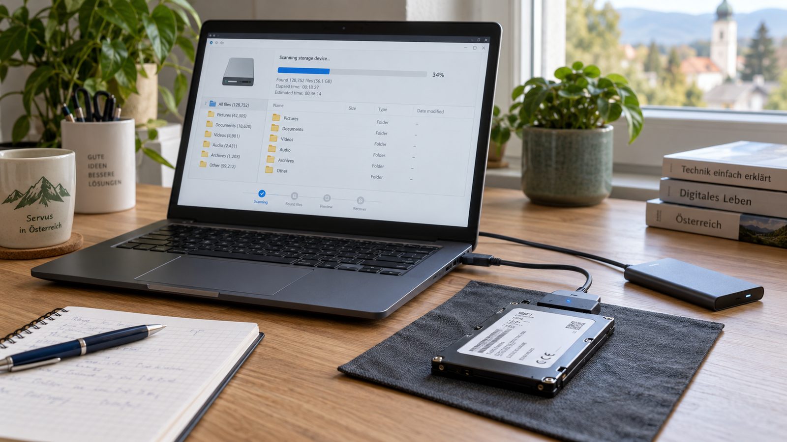 Externe Festplatte neben einem geschlossenen Laptop für die Datenrettungs-Diagnose