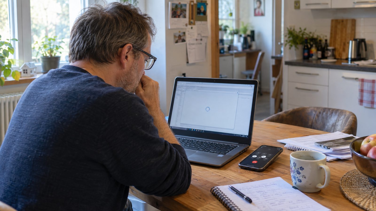 Kunde ruft am Küchentisch wegen eines eingefrorenen Laptops um Hilfe