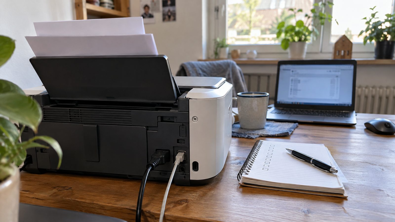 Rückansicht eines Heimdruckers mit USB- und Stromanschluss sowie Checkliste