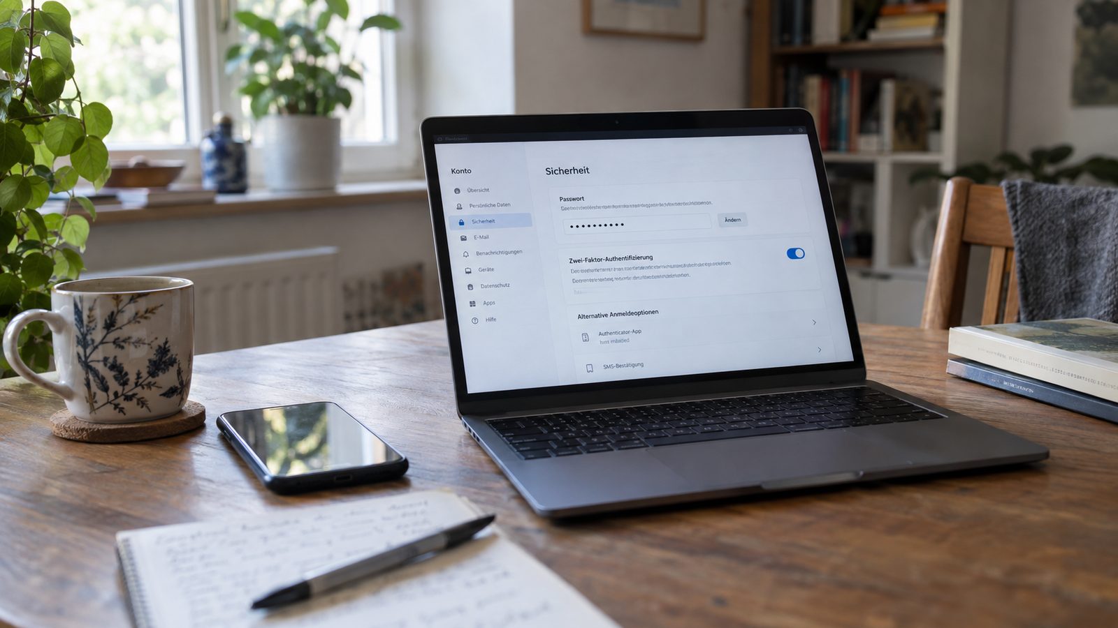 Laptop mit geöffneten E-Mail-Sicherheitseinstellungen und Zwei-Faktor-Option
