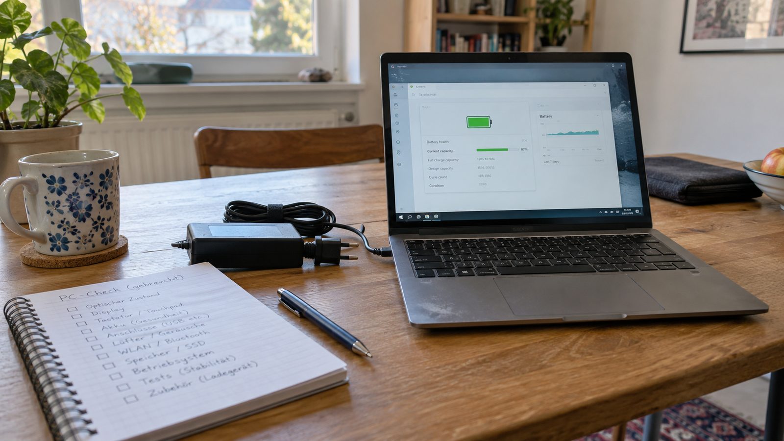 Gebrauchter Laptop mit Akkuzustands-Diagnose und Prüf-Checkliste