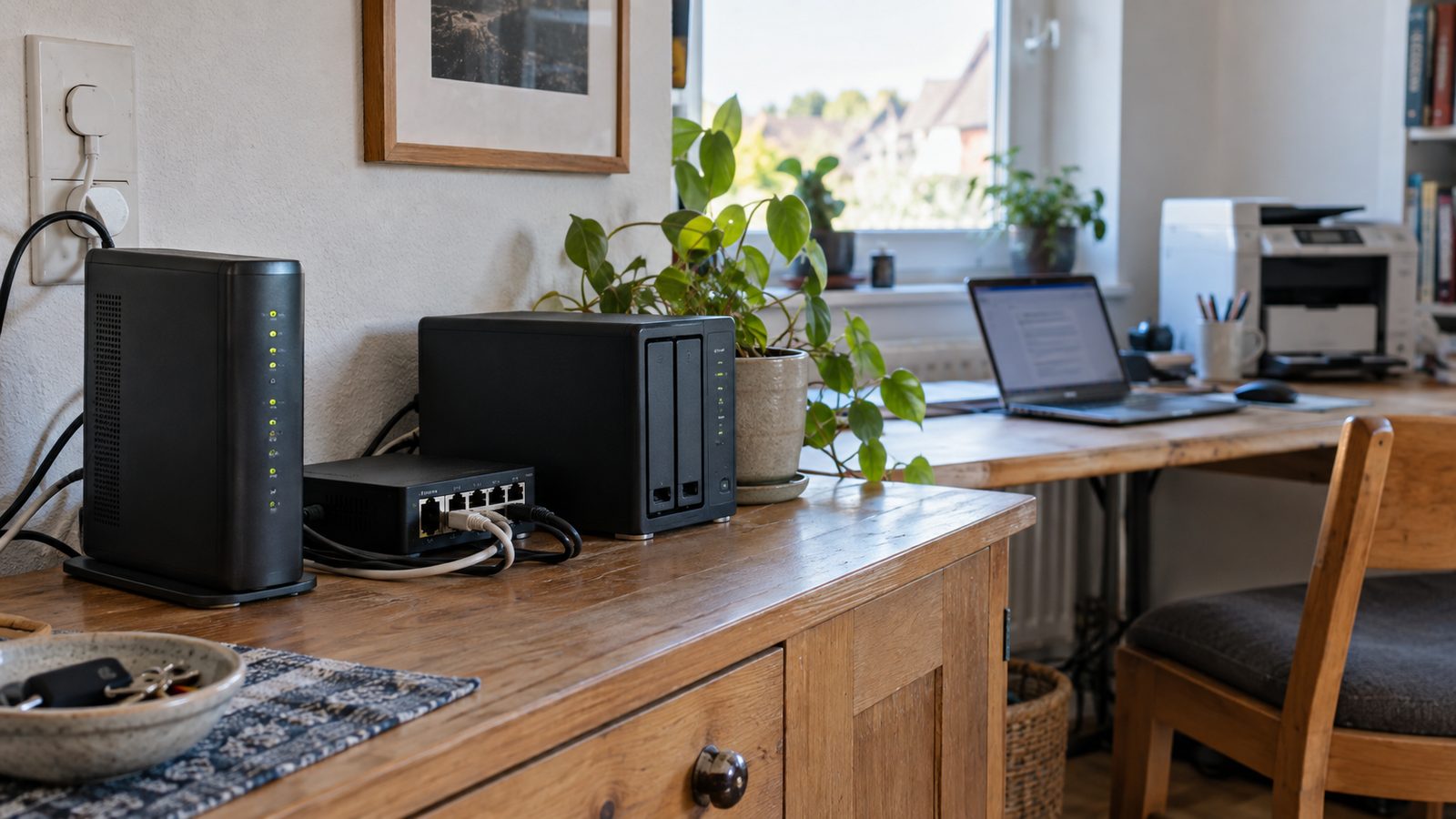 Router und Netzwerkspeicher per Ethernet verbunden in einer Heimnetzwerk-Ecke