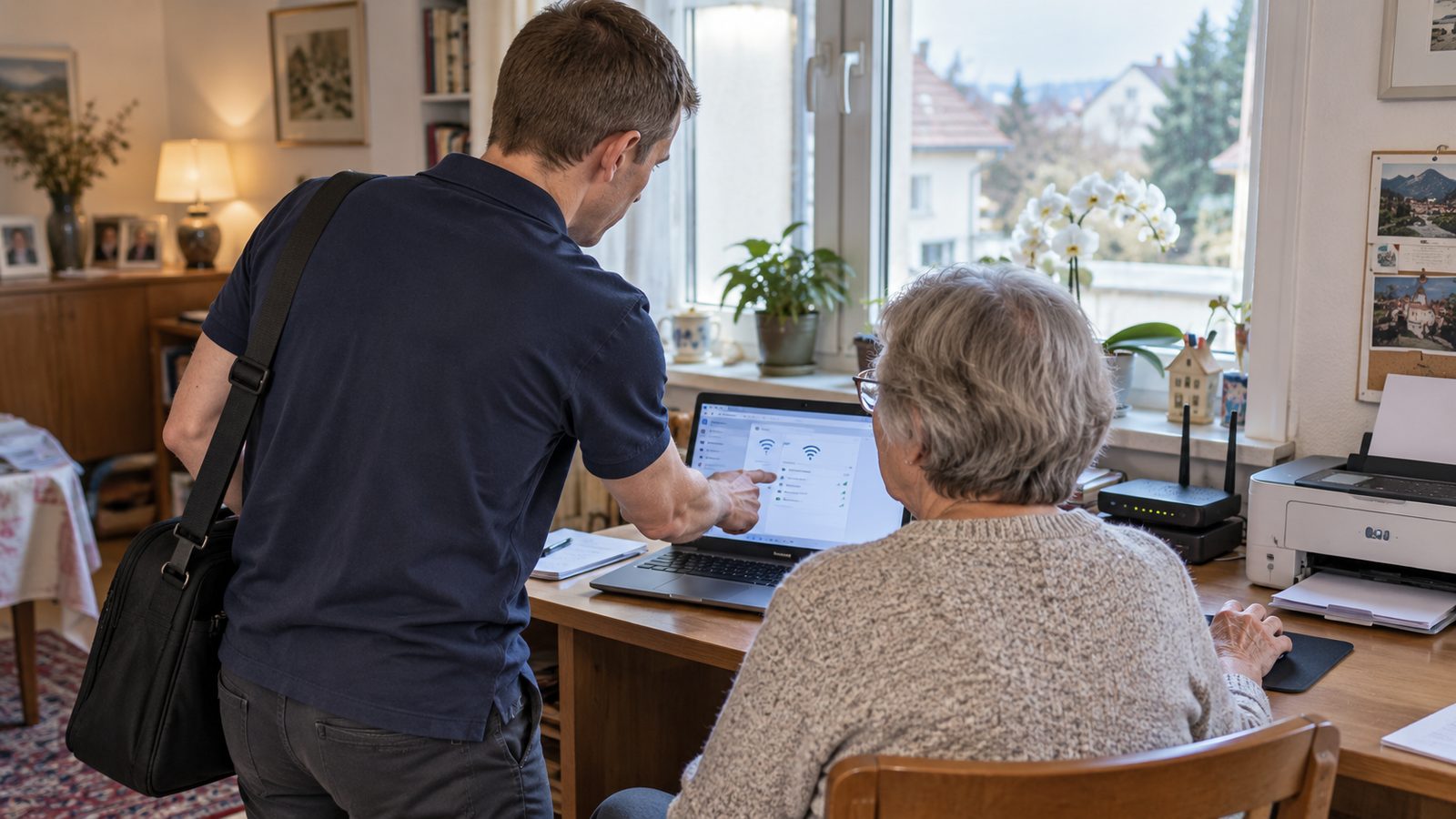 Stefan analysiert die Heim-IT-Einrichtung, während die Kundin die Maus bedient