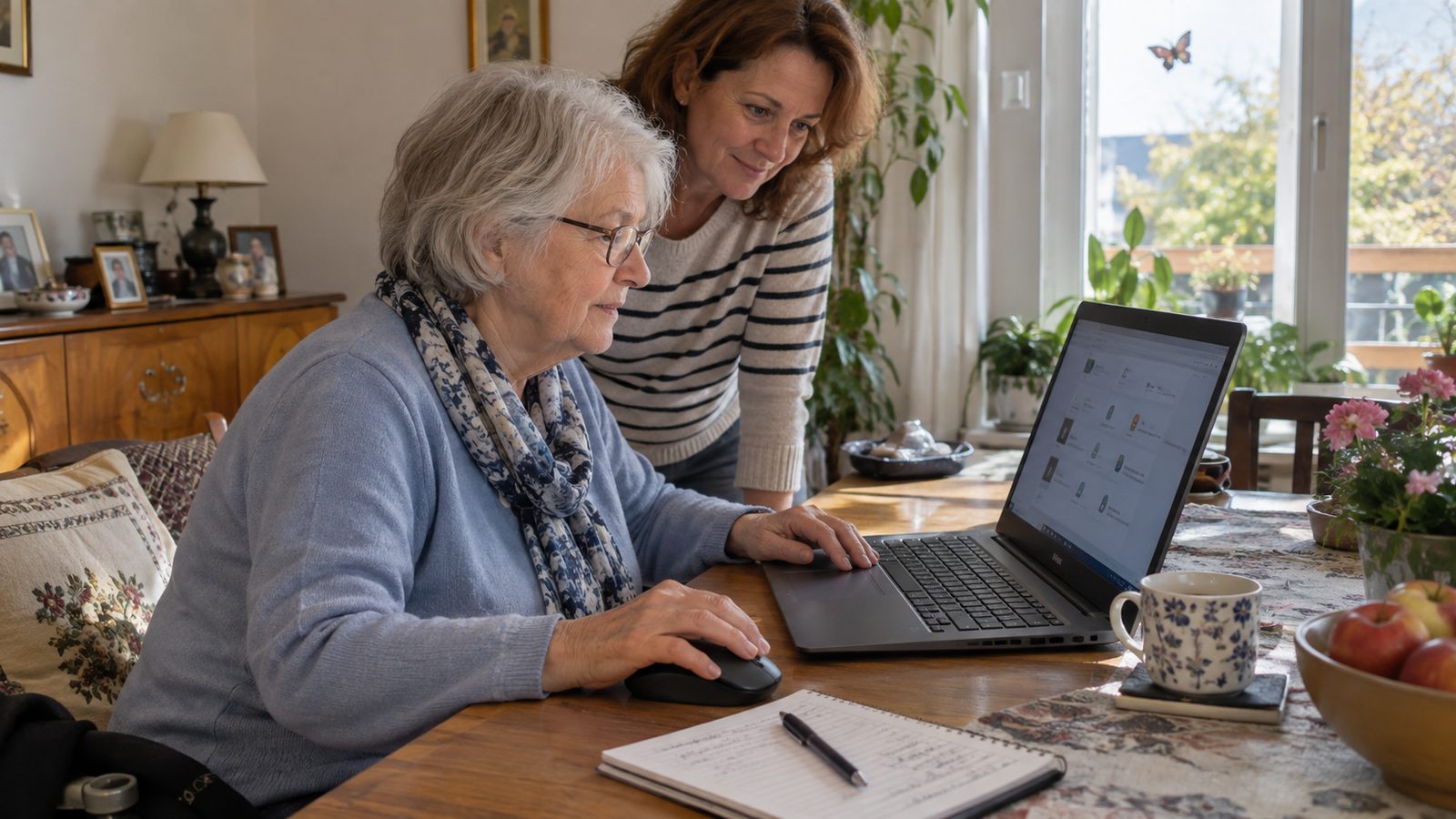 Ältere Kundin testet einen Laptop mit großem Bildschirm und ergonomischer Maus
