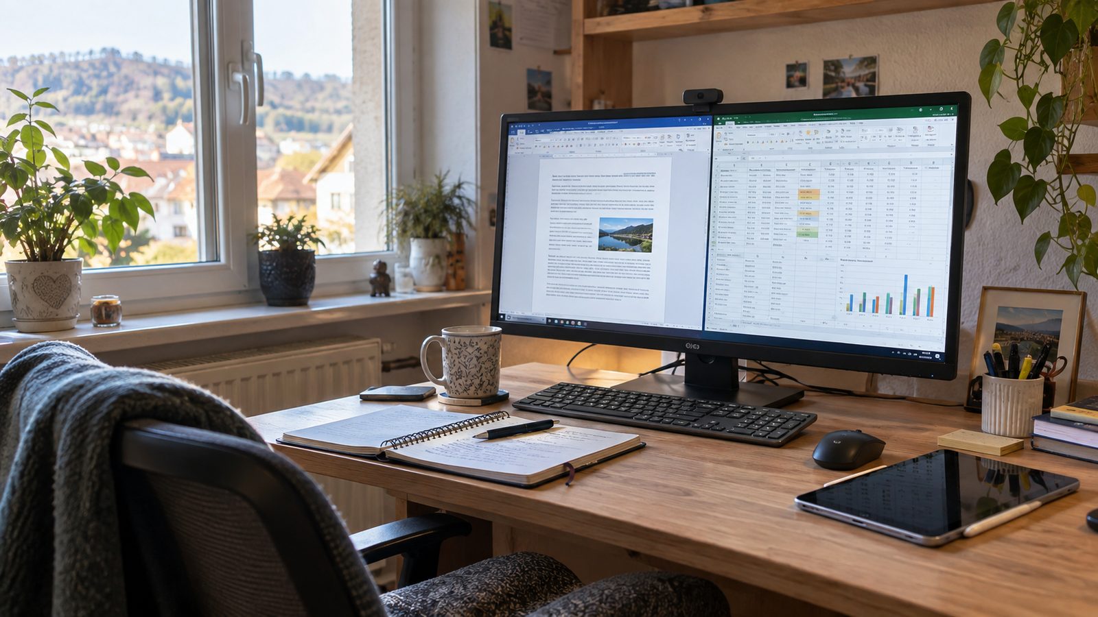 Desktop-Bildschirm mit Textdokument und Tabelle für die private Büronutzung