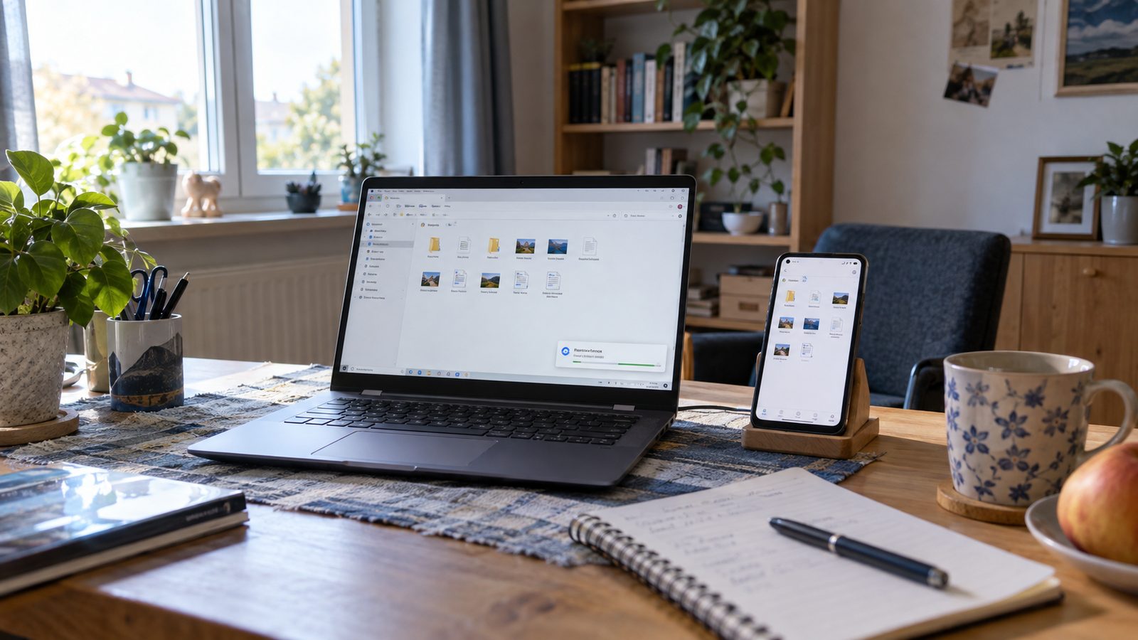 Laptop und Smartphone zeigen synchronisierte Dateien im Dateimanager