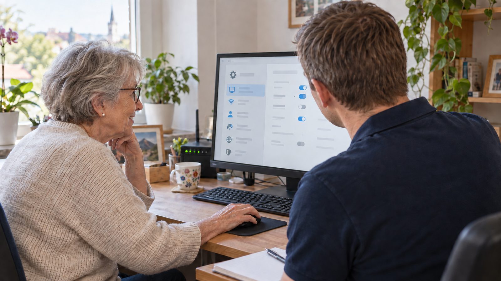 Computer-Freund.at Mitarbeiterin bedient einen Desktop-PC beim Kunden zu Hause