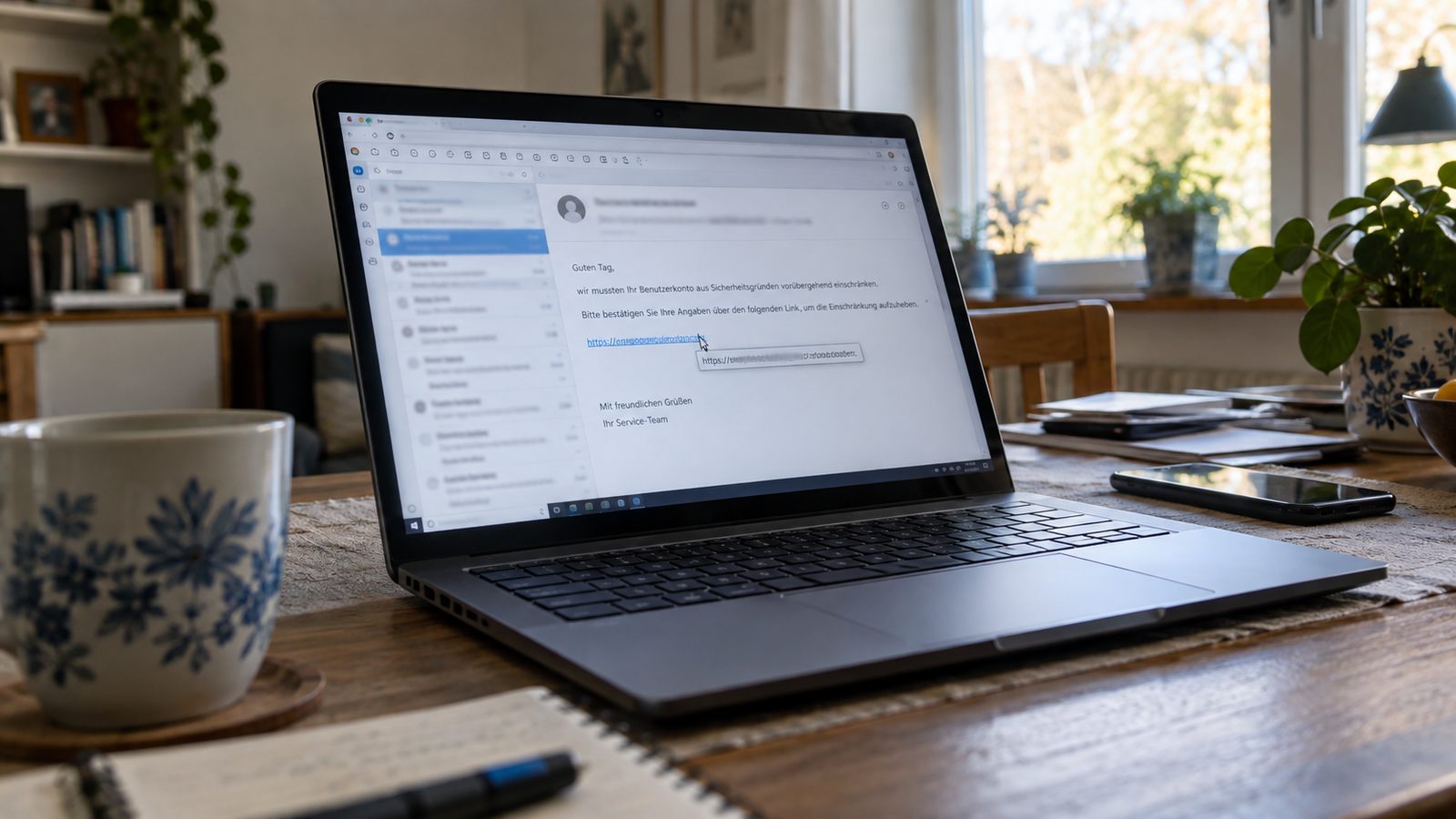 Laptop-Nahaufnahme mit verdächtiger E-Mail und Mauszeiger über einem Link