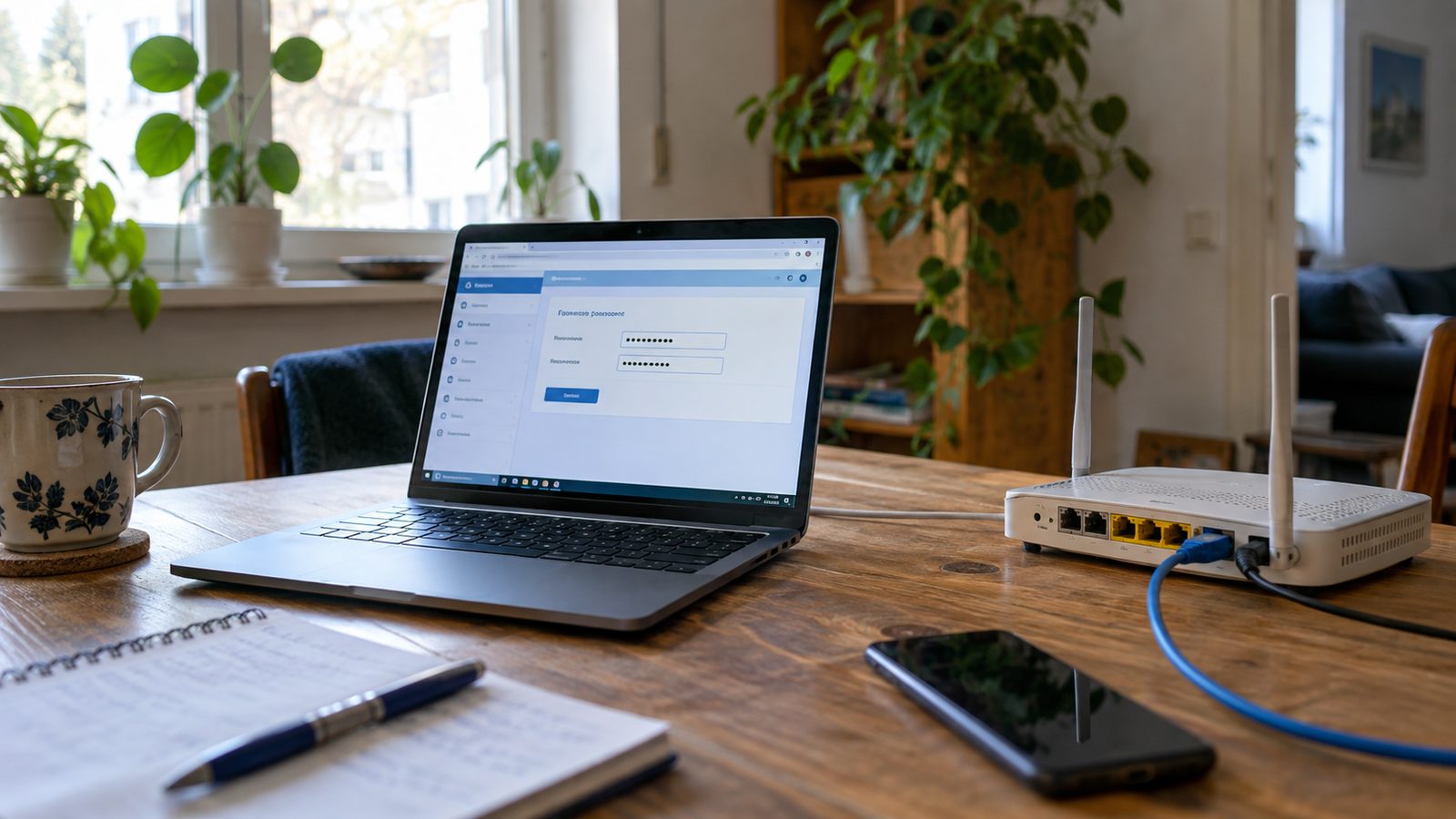 Laptop mit Formular zur Passwortänderung in der Router-Verwaltung