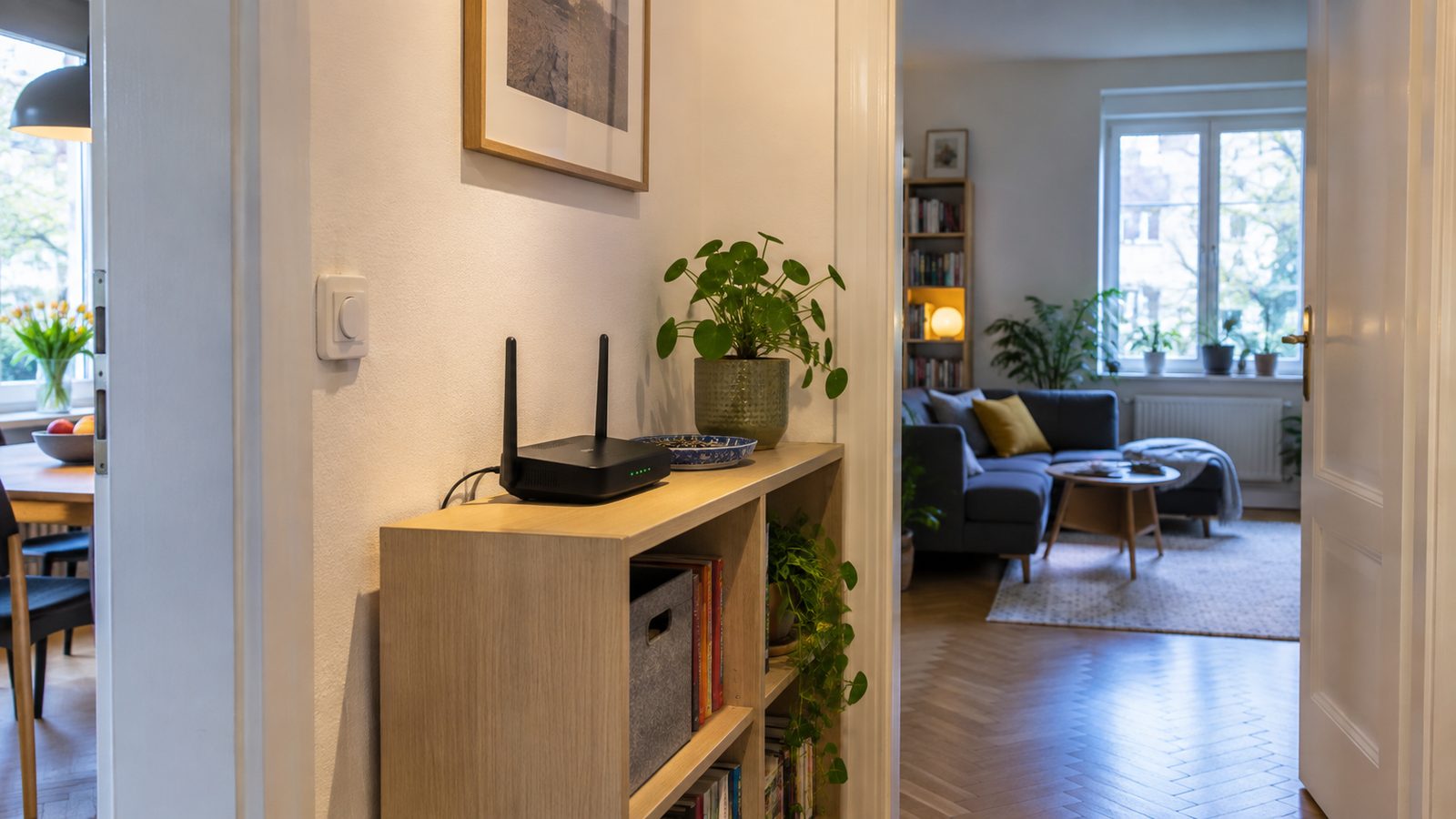 Router frei auf einem offenen Regal für optimalen WLAN-Empfang platziert