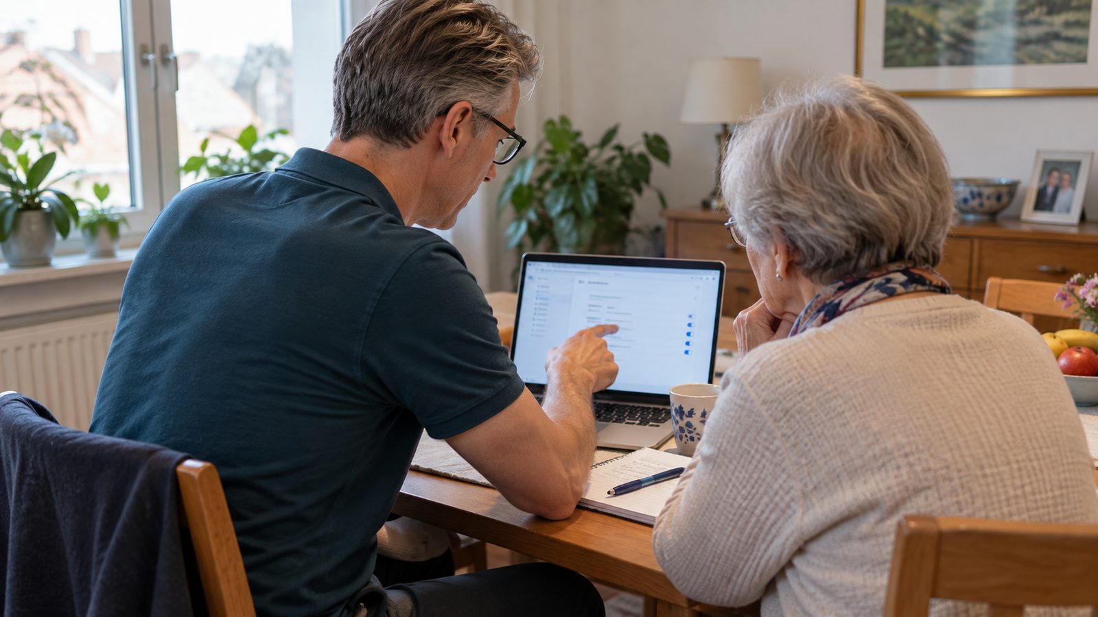 Etienne erklärt einer Kundin zu Hause geduldig eine Computereinstellung