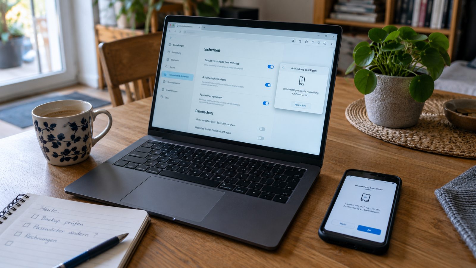 Laptop mit Sicherheitseinstellungen und Smartphone mit Anmeldebestätigung
