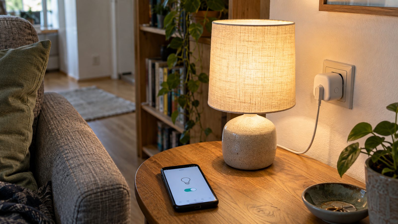 Smart-Stecker in einer Wandsteckdose versorgt eine Lampe im Smart Home