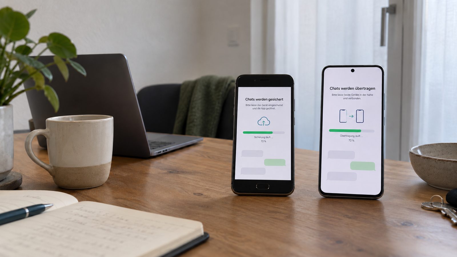 Zwei Smartphones übertragen den WhatsApp-Chatverlauf auf ein neues Handy