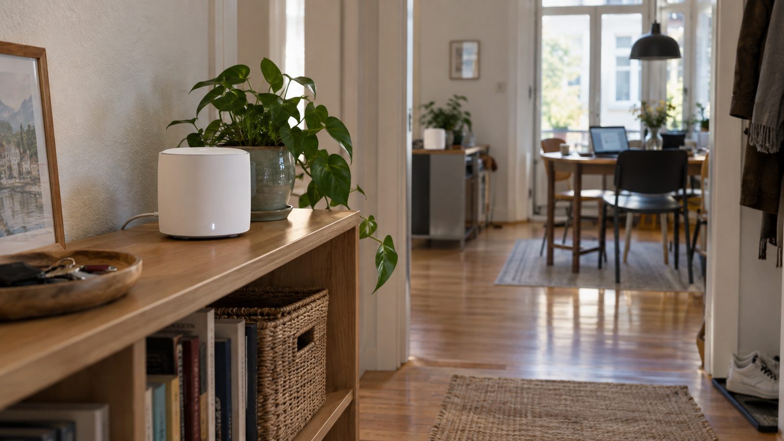 Mesh-WLAN-Knoten im offenen Flurregal für bessere WLAN-Reichweite