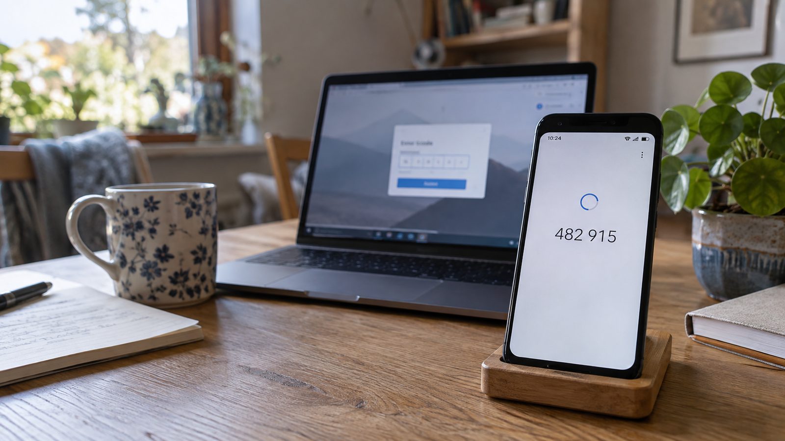 Smartphone mit Bestätigungscode neben einem Laptop für die Zwei-Faktor-Anmeldung